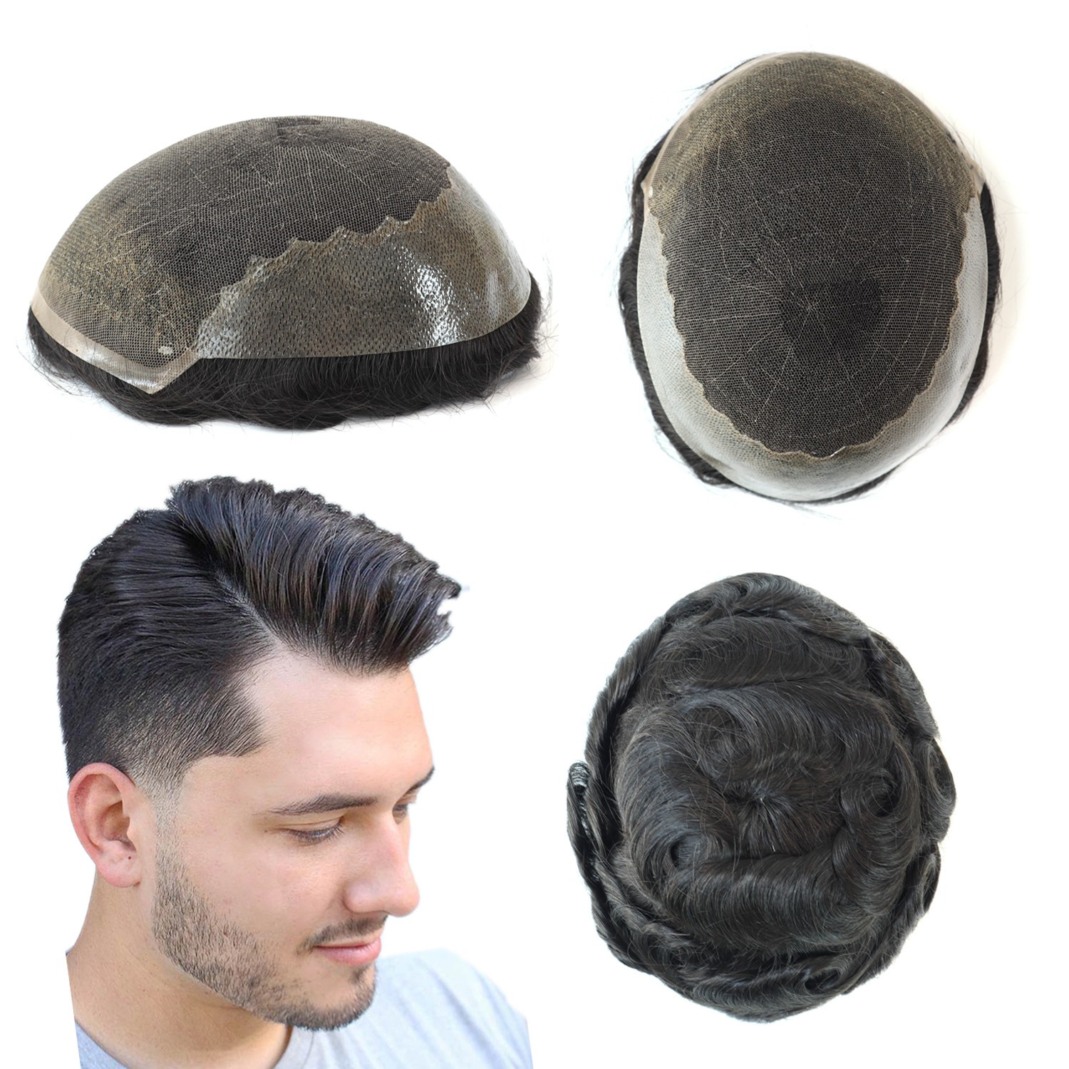 Toupee for Men Human Hair French Lace Hairpiece Off Black Hair System Q6 6X8 #1B