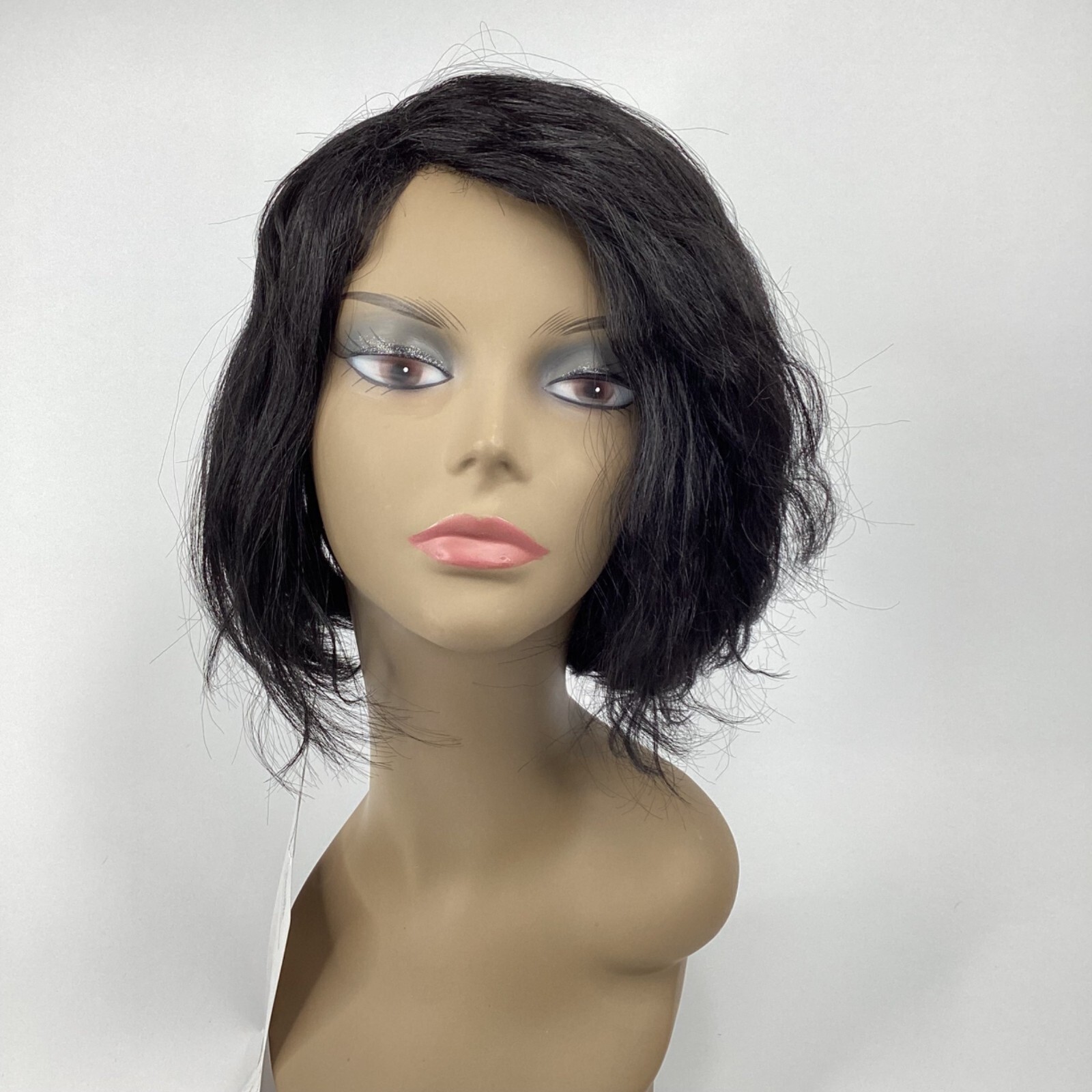 Emm 1B Off Black Natural Wave Shaggy Bob Wig Classic Cap Synthetic Adjustable