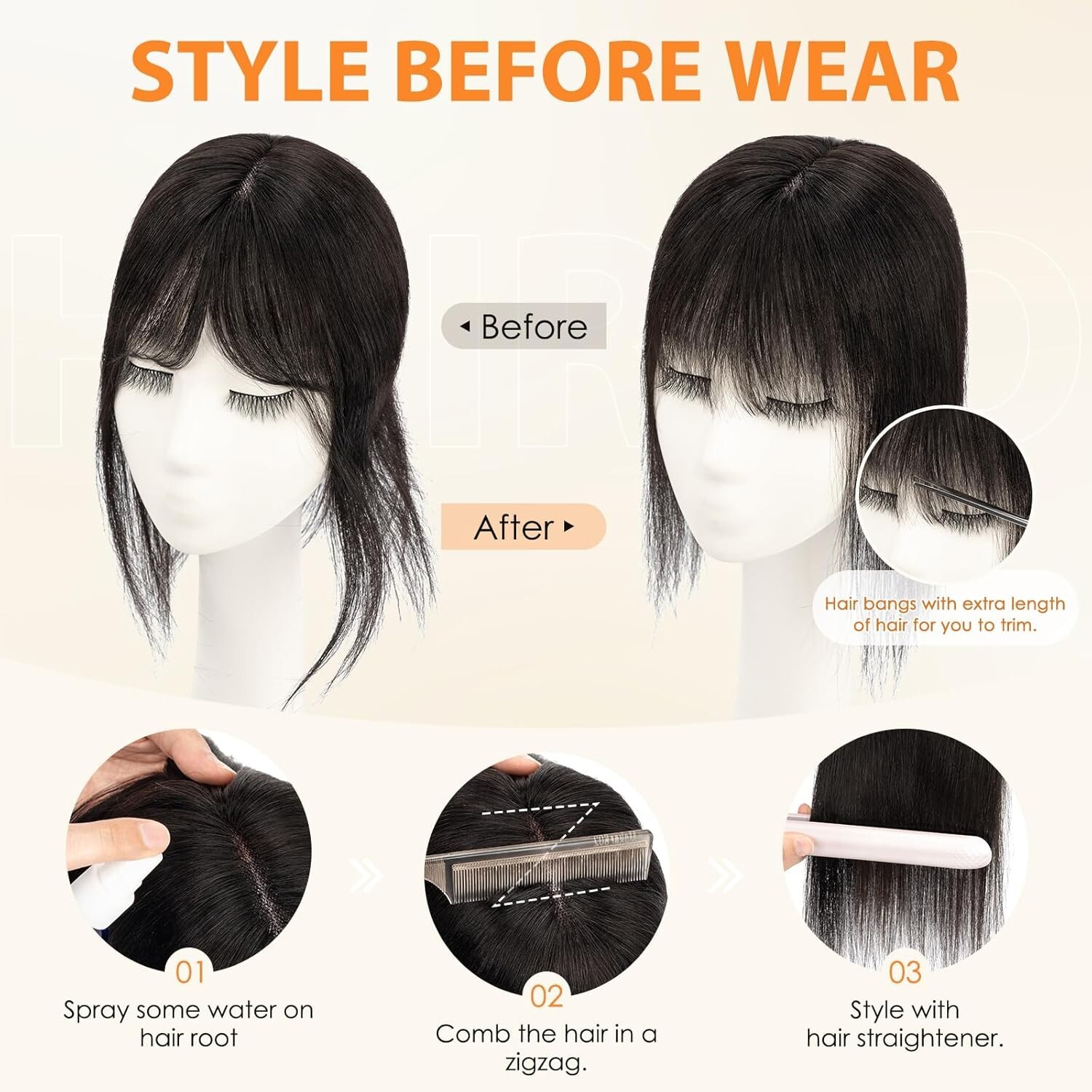 Hairro Human Hair Topper Wispy Air Bangs 3D Cover 12 Inch 41g #1B Natural Black