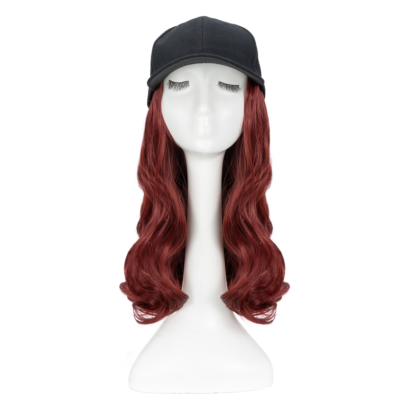 Baseball Cap Black Hat with Long Wavy Synthetic Hair Wig for Women Long FullHead