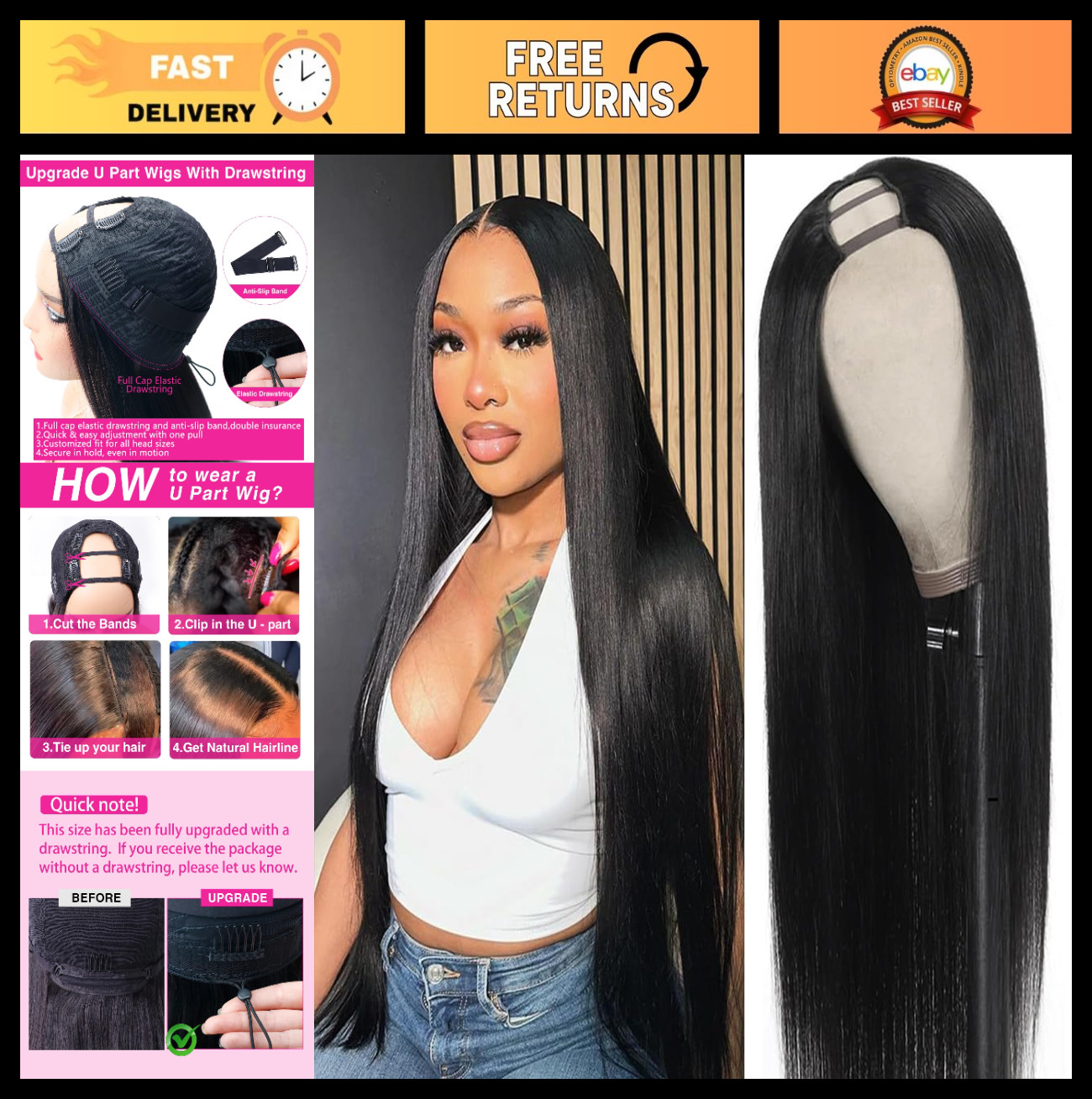 20 Inch U Part Wig Human Hair, Straight Drawstring Glueless Wear & Go, 200% Dens