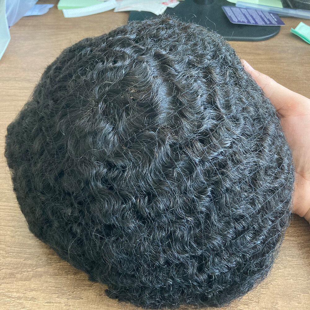 10MM 360 Wave Man Toupee Hair Unit African Black Mens Curly Replacement System