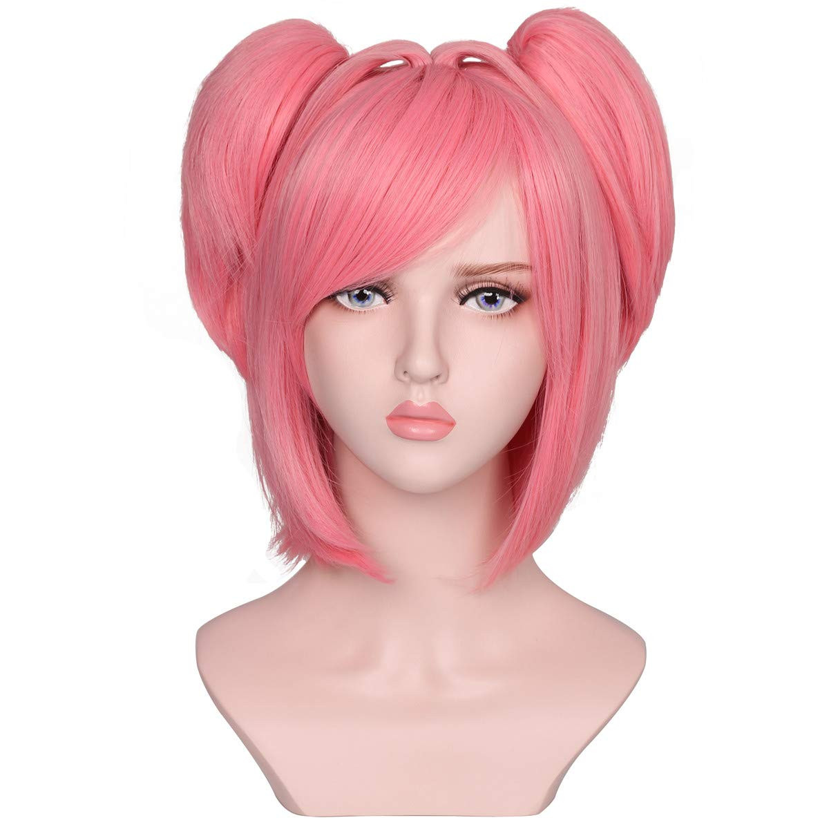 Colorground Short Pink Cosplay Wig with 2 Clips Ponytails for Girls and Women
