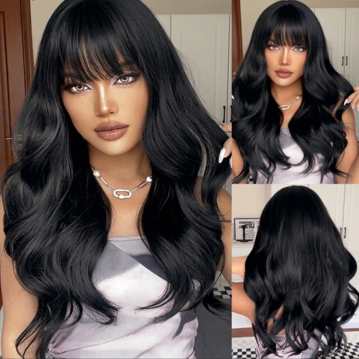 Heat Resistant Synthetic Hair Women Dress Up Wig With Fringe Long Wavy Black