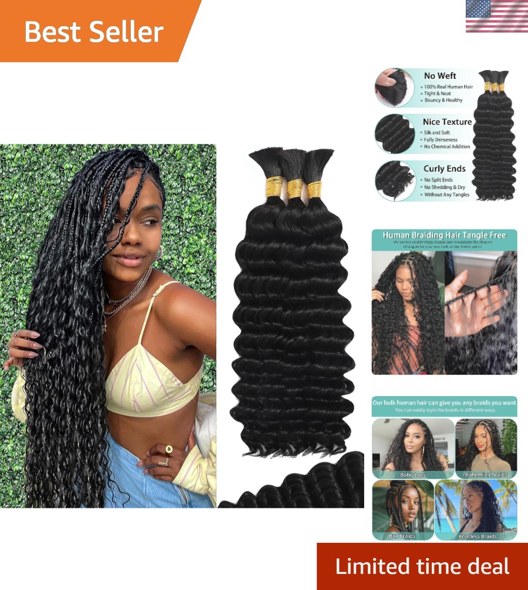 Luxury 3 Bundles of 20 Inch Hypoallergenic Human Hair – Boho Deep Wave Braids