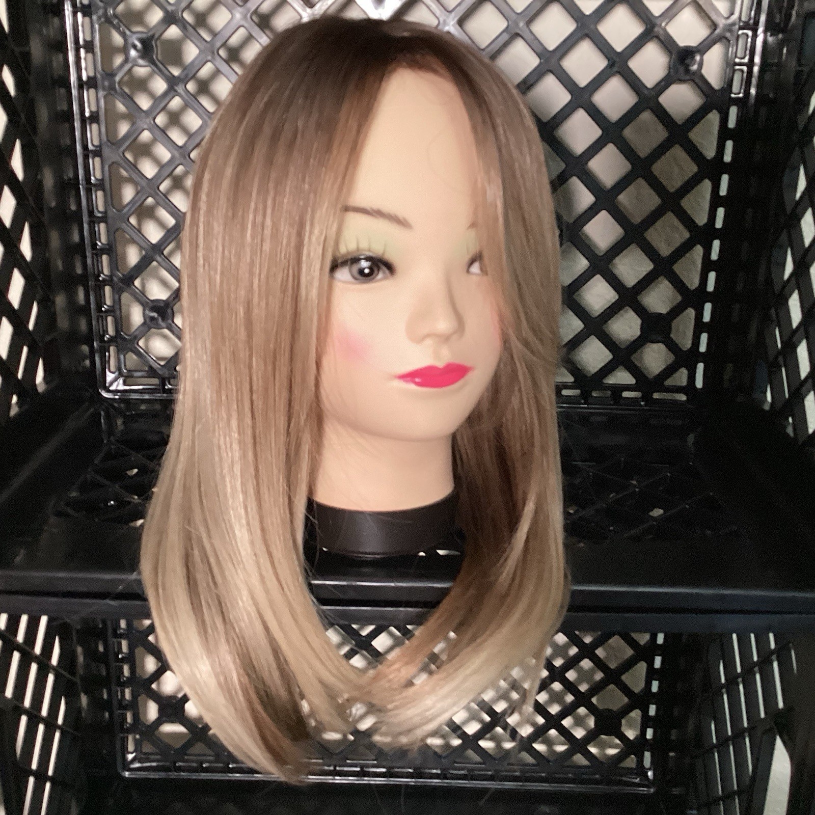Ash Blond Wig 16” With Bangs Ombré Gradient Dark Roots Rooted Middle Part