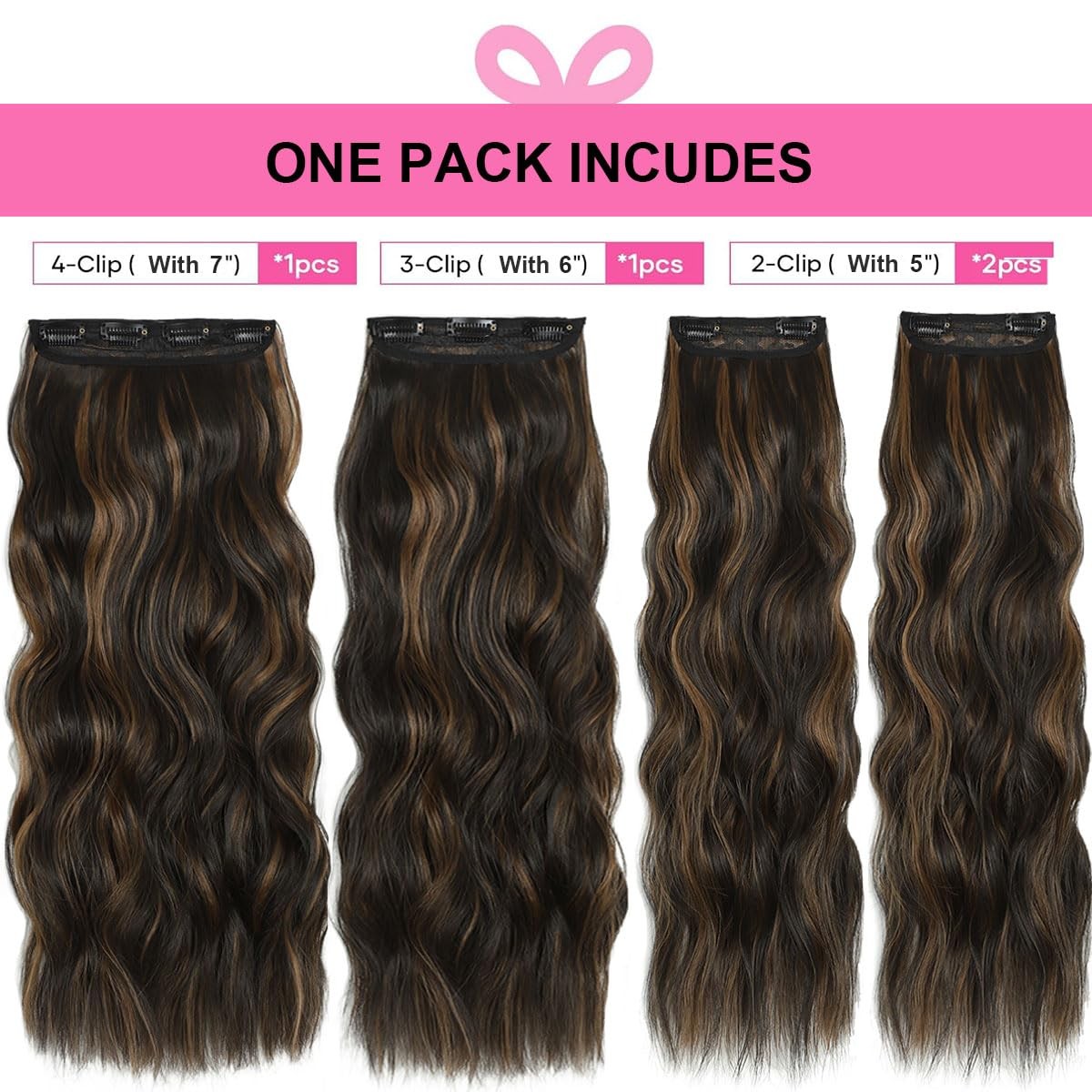 Balayage Clip In Hair Extensions Long Wavy 4PCS Highlight Curly Hair Extensio…