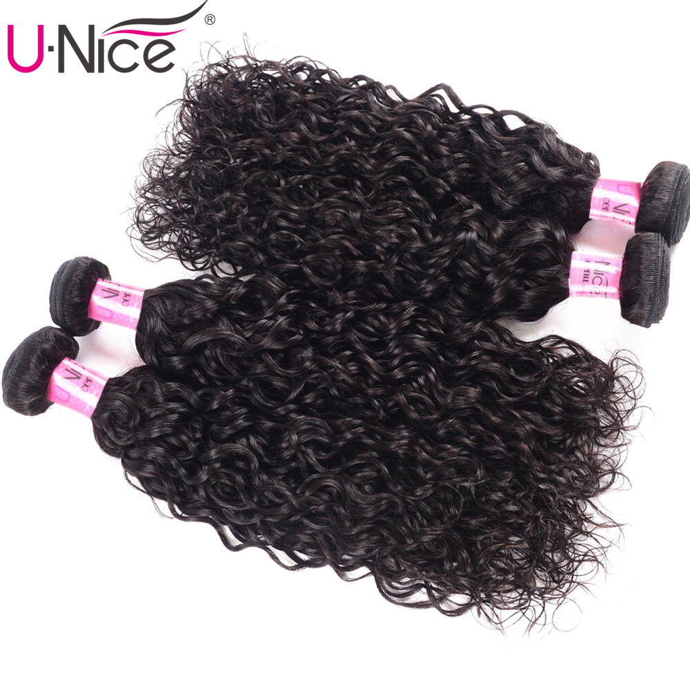 UNice Indian Water Wave Human Hair Extensions 3 Bundles With Lace Closure Weave