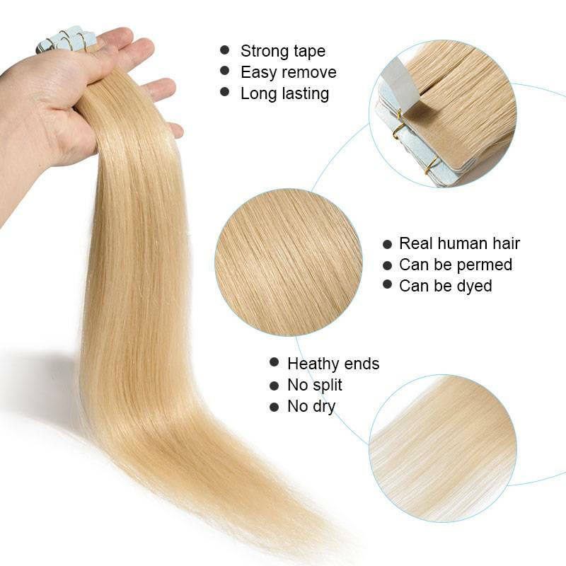 200g Thick Skin Weft Tape In 100% Human Hair Extensions Full Head 12″-24″ Long