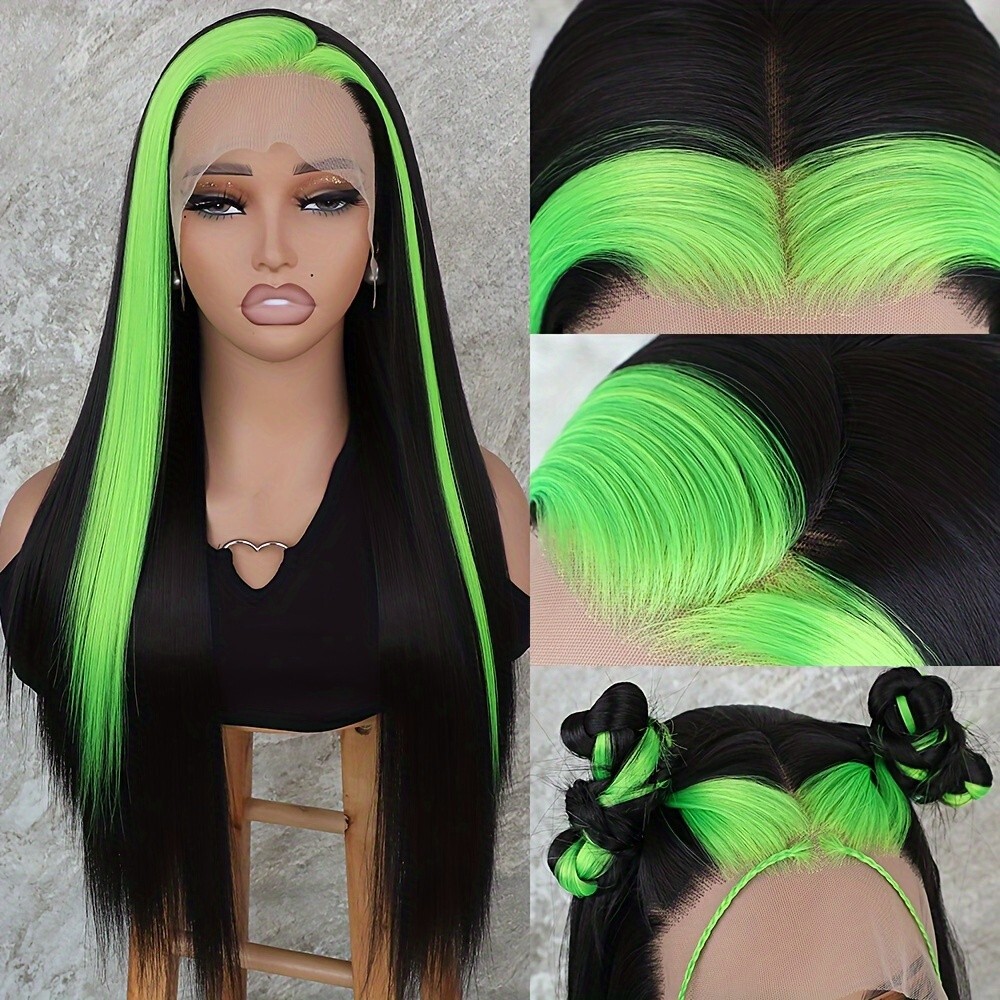 Green Highlight Black Skunk Stripe Frontal Lace Wigs Synthetic Glueless Straight