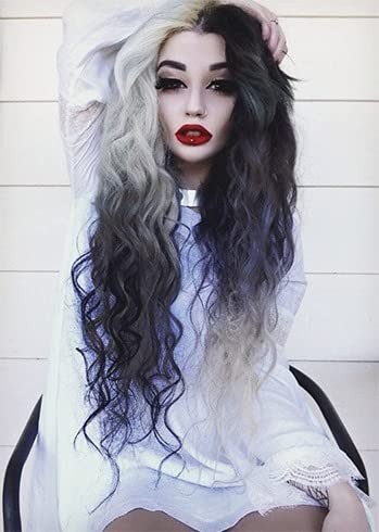 Black and White Curly Wigs for Women Long Wave Ombre Synthetic Hair Natural S…