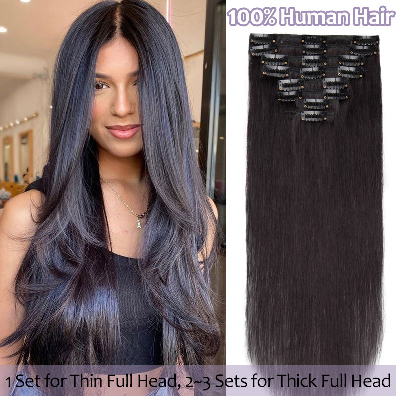 Russian Clip in Hair Extensions 100% Real Remy Human Hair 8Pcs 18Clips Full Head