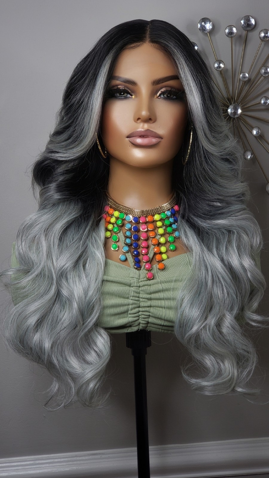 New Long Curly Money Piece Silver Gray Black Lace Front Wig Womens Wavy Style