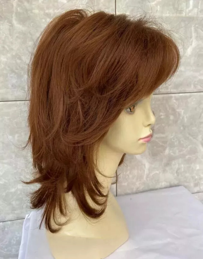 Mid Length Shag Capless Wavy Layered Synthetic Hair Wigs Women Natural Auburn