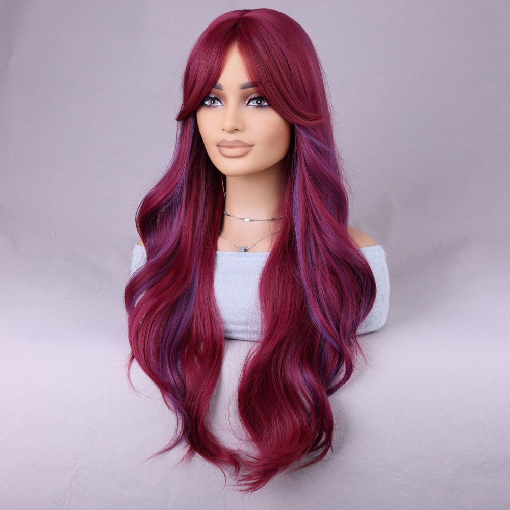 28inch Woman Girls Daily Use Hair Styling Wine-Red Wavy Hair Cosplay Wigs