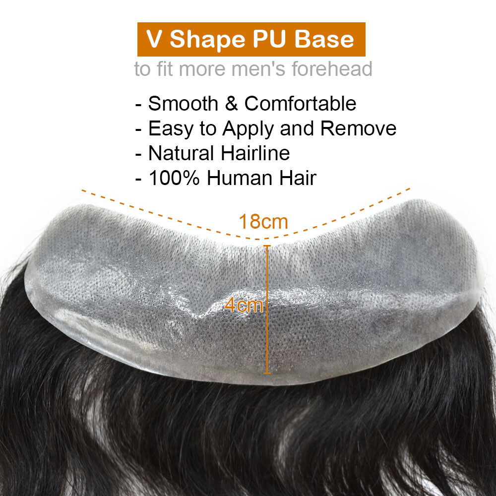 Mens Frontal Hairpiece Invisible Human Hair V-Loop Skin Pu for Receding Hairline