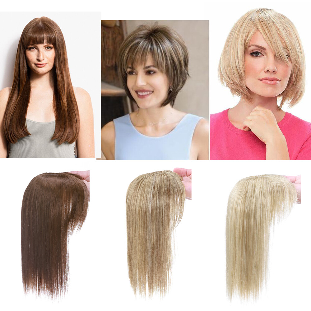 Unisex Real as Human Hair Topper with Bangs Toupee Clip in Hairpiece Top Hair US