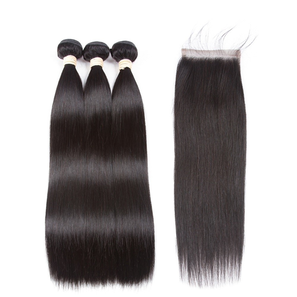Premium Hair Straight 3 Bundles With 4*4 Free Part Lace Closure Natural Black