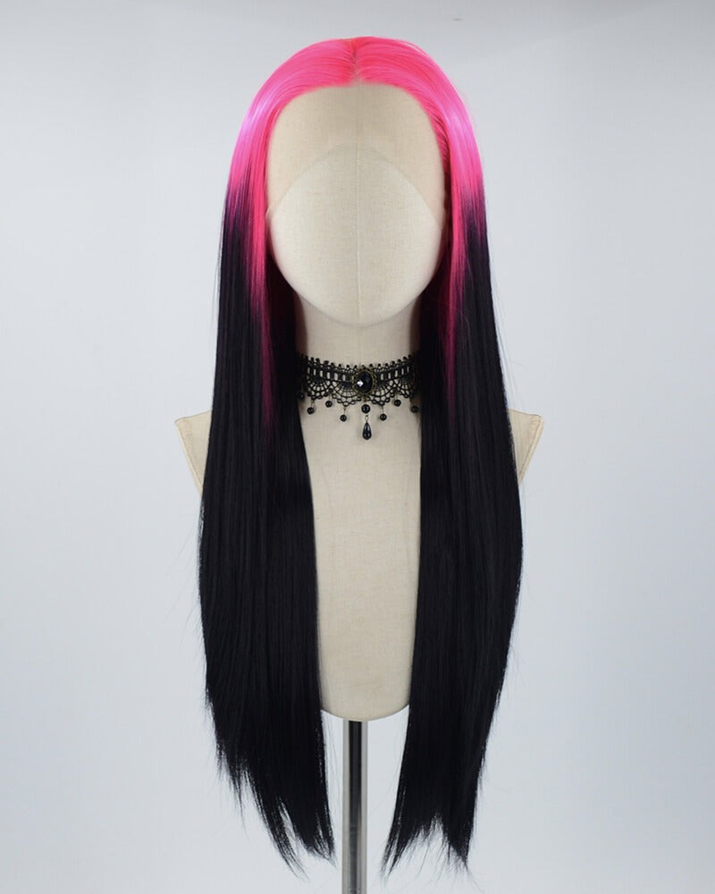 Hot Pink Ombre Black Straight Synthetic Lace Front Wig for Women Party
