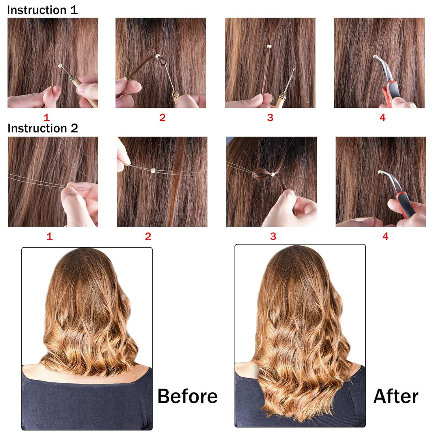 Hair Extensions Kit 500 Pcs Black Micro Ring Beads 1 Hair Extension Plier 2 Hook