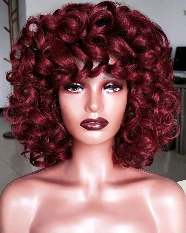 ELIM Short Afro Big Curly Wigs for Black Women, Wine Red Kinky Curly Bangs Wig