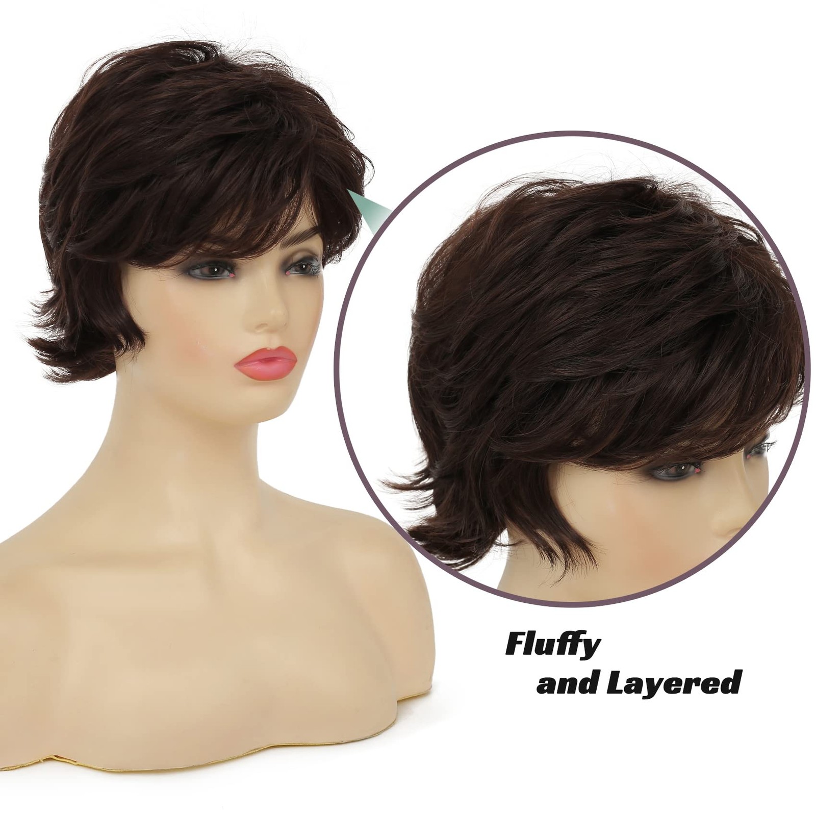 Sallcks Short Layered Wig For Women Brown Natural Fluffy Synthetic Hair