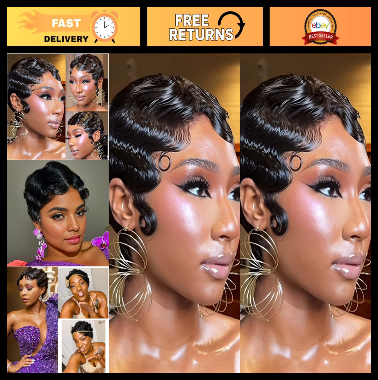 Short Pixie Cut Wig for Black Women – Human Hair Ocean Finger Wave, Glueless, Da