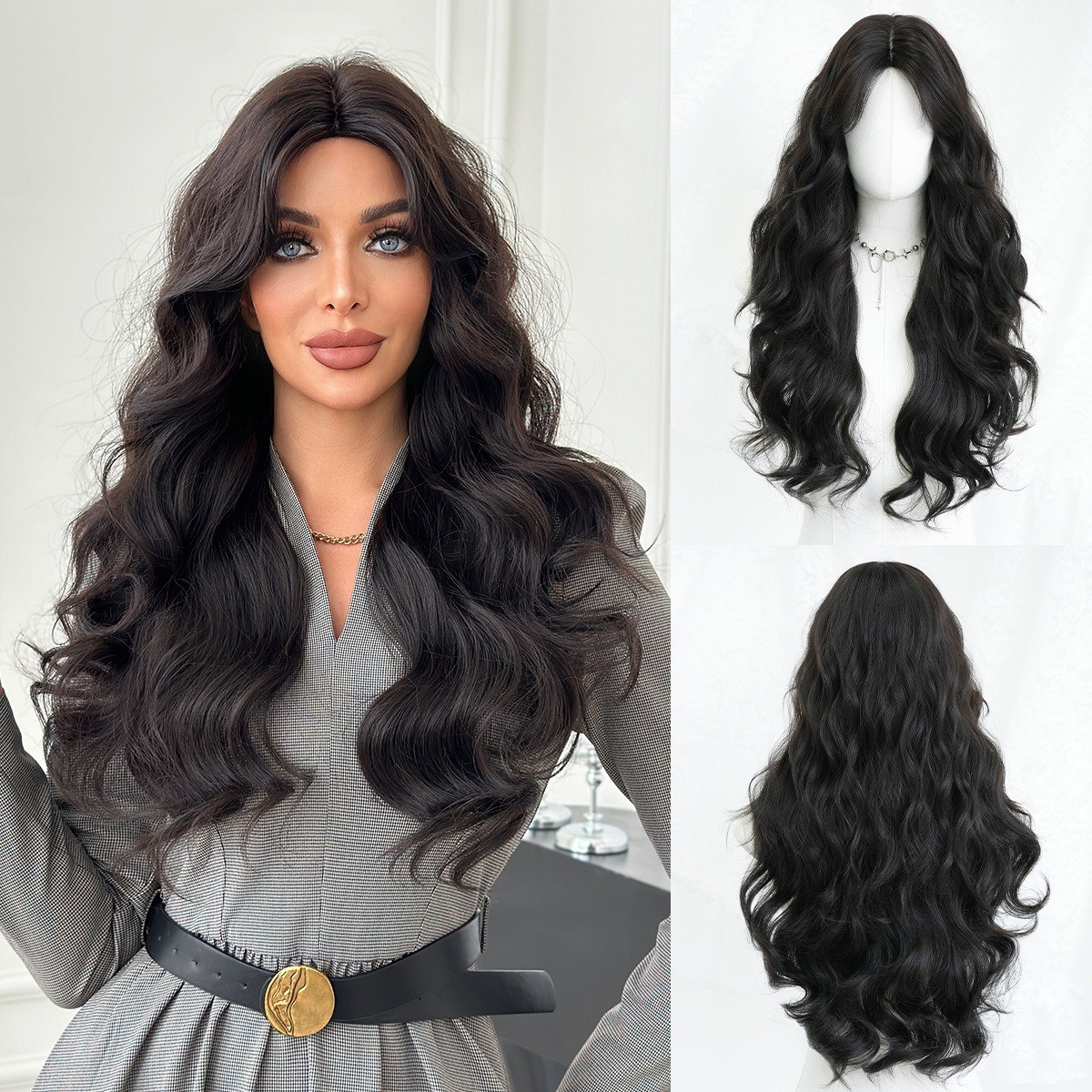 Wig with orange-red curly bangs long hair big waves fluffy texture