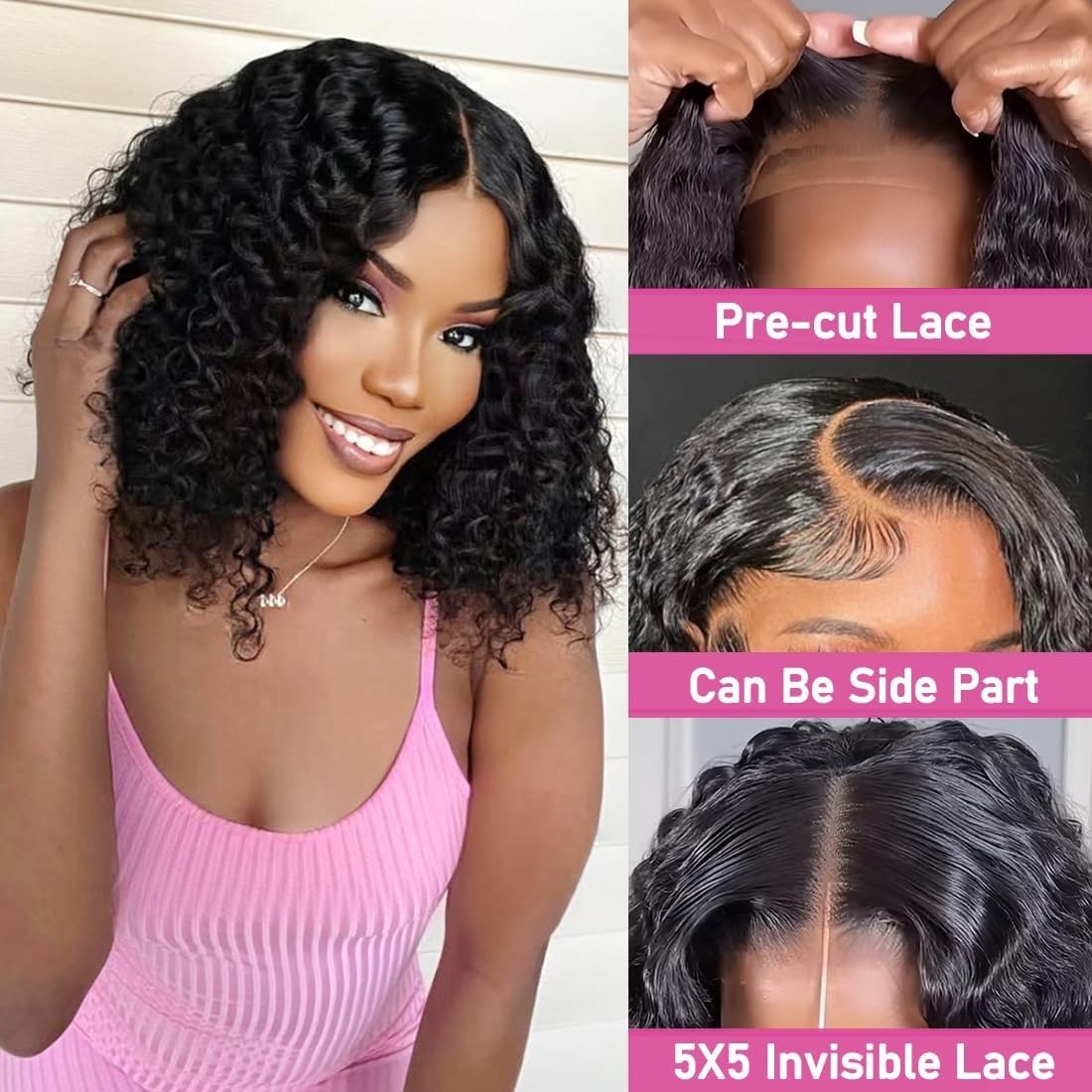 4×4 HD Lace Wigs Human Hair Bob Wigs For Women Wear And Go Glueless Curly Wig