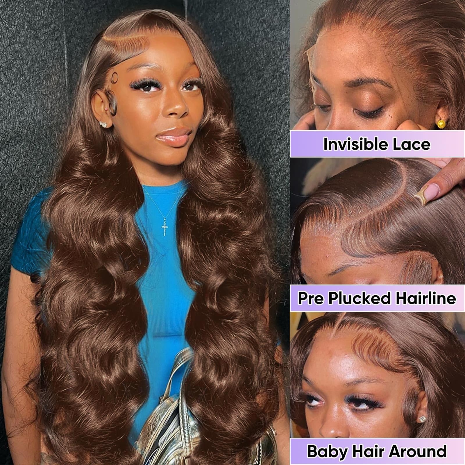 30″ Chocolate Brown Body Wave Lace Front Wig 200 Density HD Human Hair, Pre-Pluc