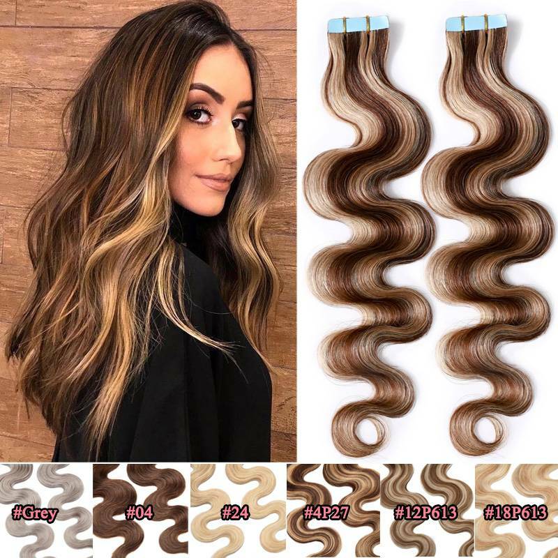 Body Wave 8A Tape In 100% Remy Human Hair Extensions Skin Weft Wavy BLONDE 100g