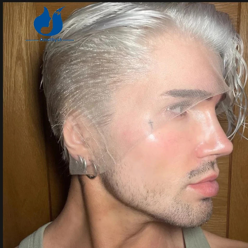 White Platinum Blonde Short Pixie Cut Male Wig Human Hair Full Lace Wig For Men