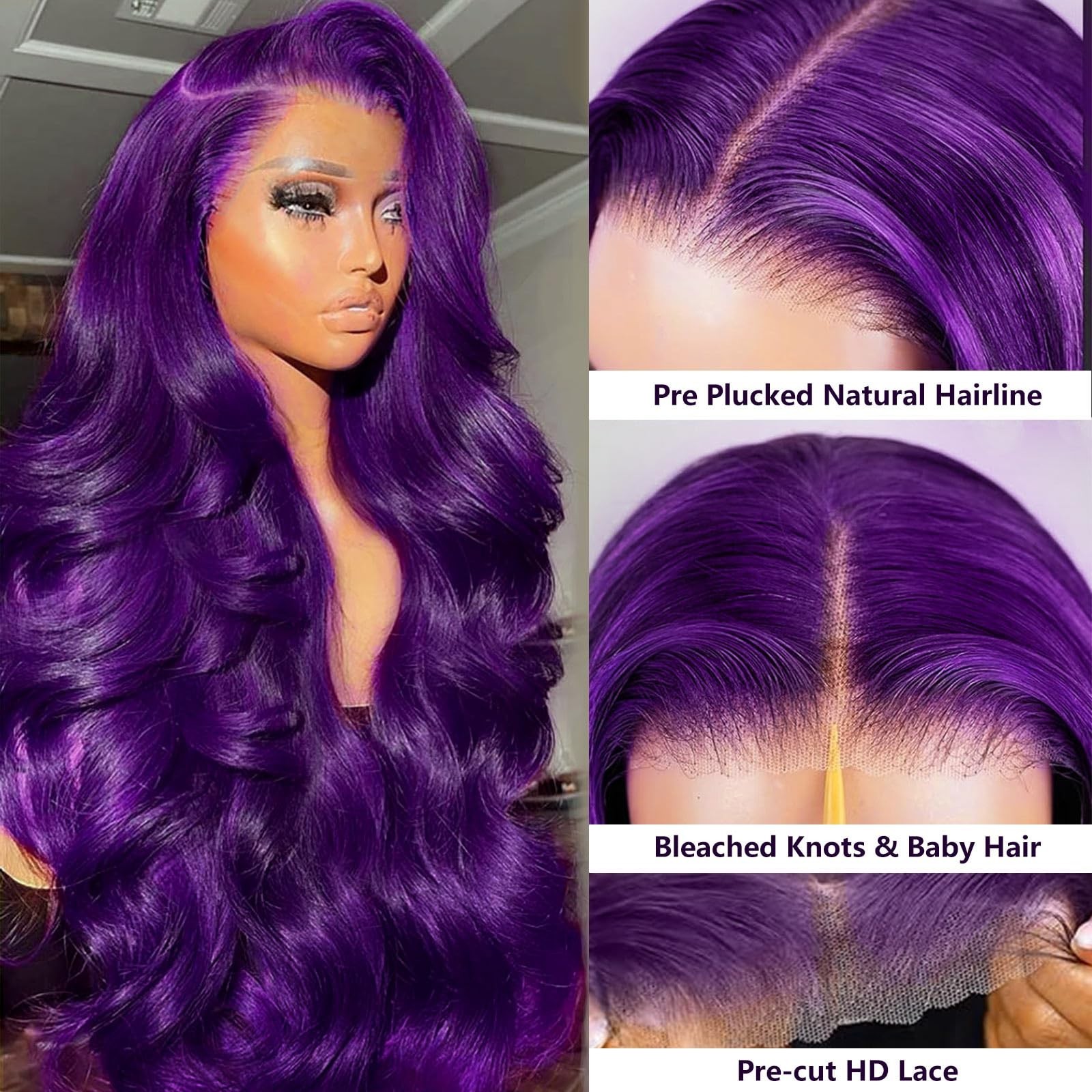 5×5 Purple Body Wave Lace Frontal Wig – 200% Density, HD Transparent, 22″ Human