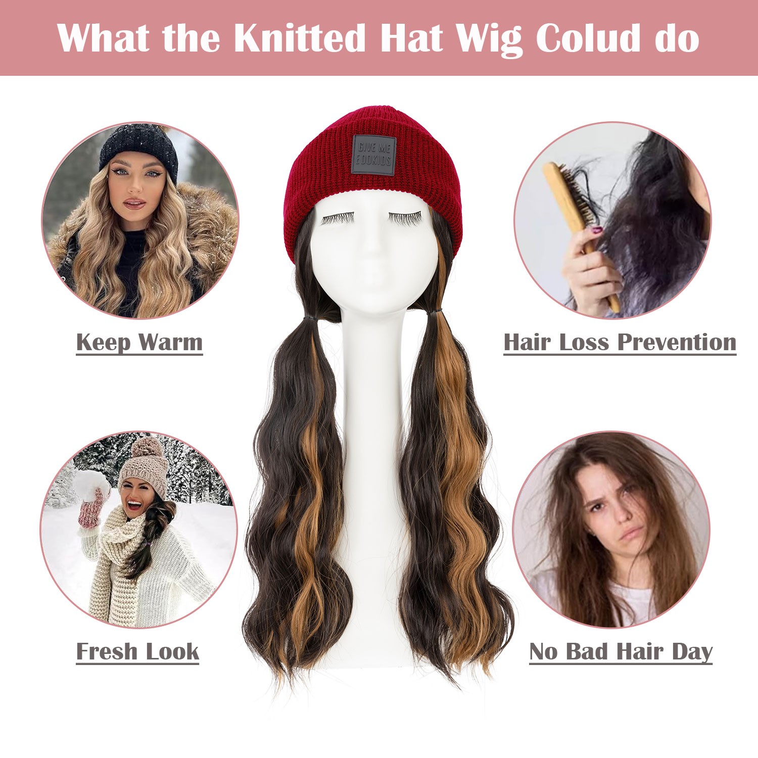 Winter Synthetic Women Long Wavy Beanie Knitted Hat Wig with Synthetic Hair Wigs