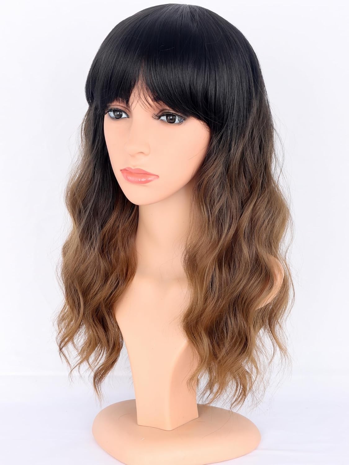 Medium Length Ombre Brown Wavy Wig with Bangs – Perfect for Parties & Daily Use