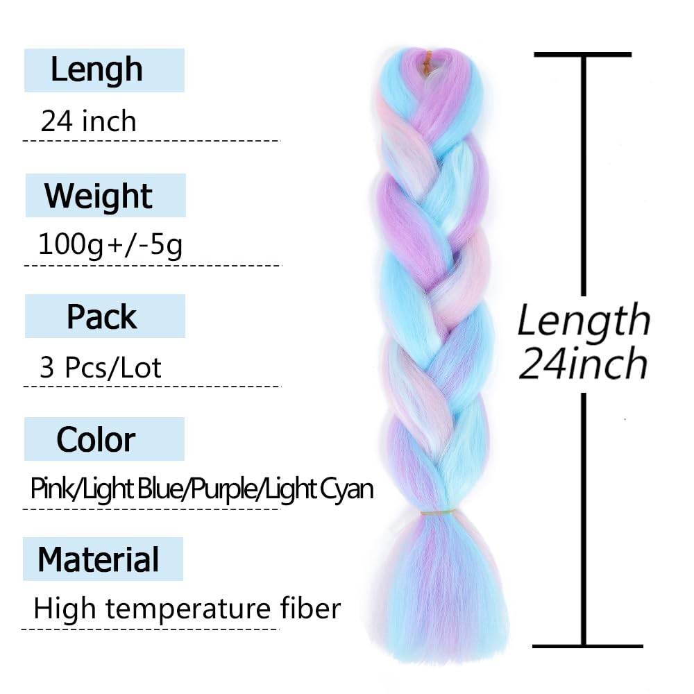 Rainbow Braiding Hair Extension 24 Inch 3 Packs Synthetic Jumbo Braid Hair