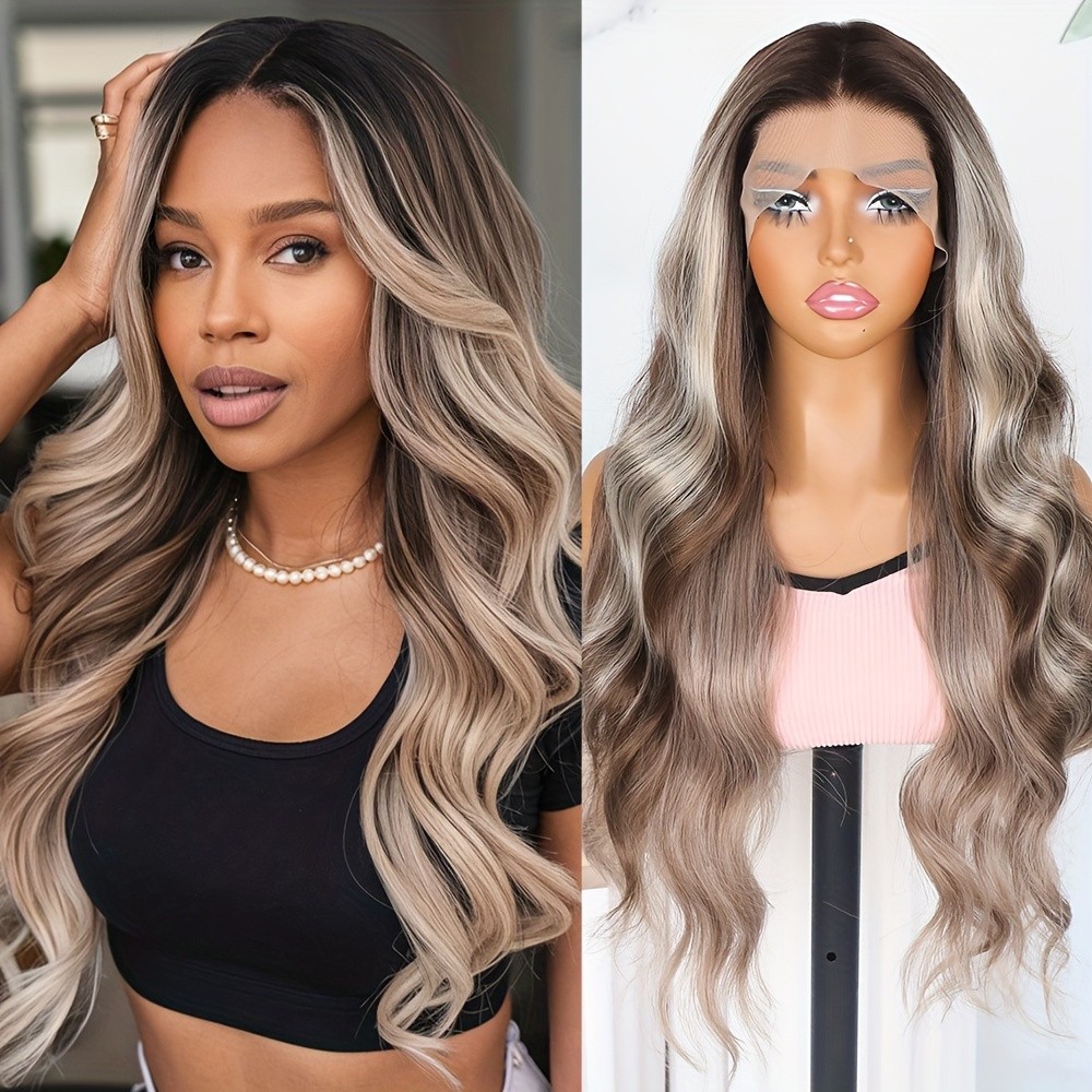 Natural Brown Blonde Mixed Color Lace Front Wigs Long Body Wave Hair Women Party