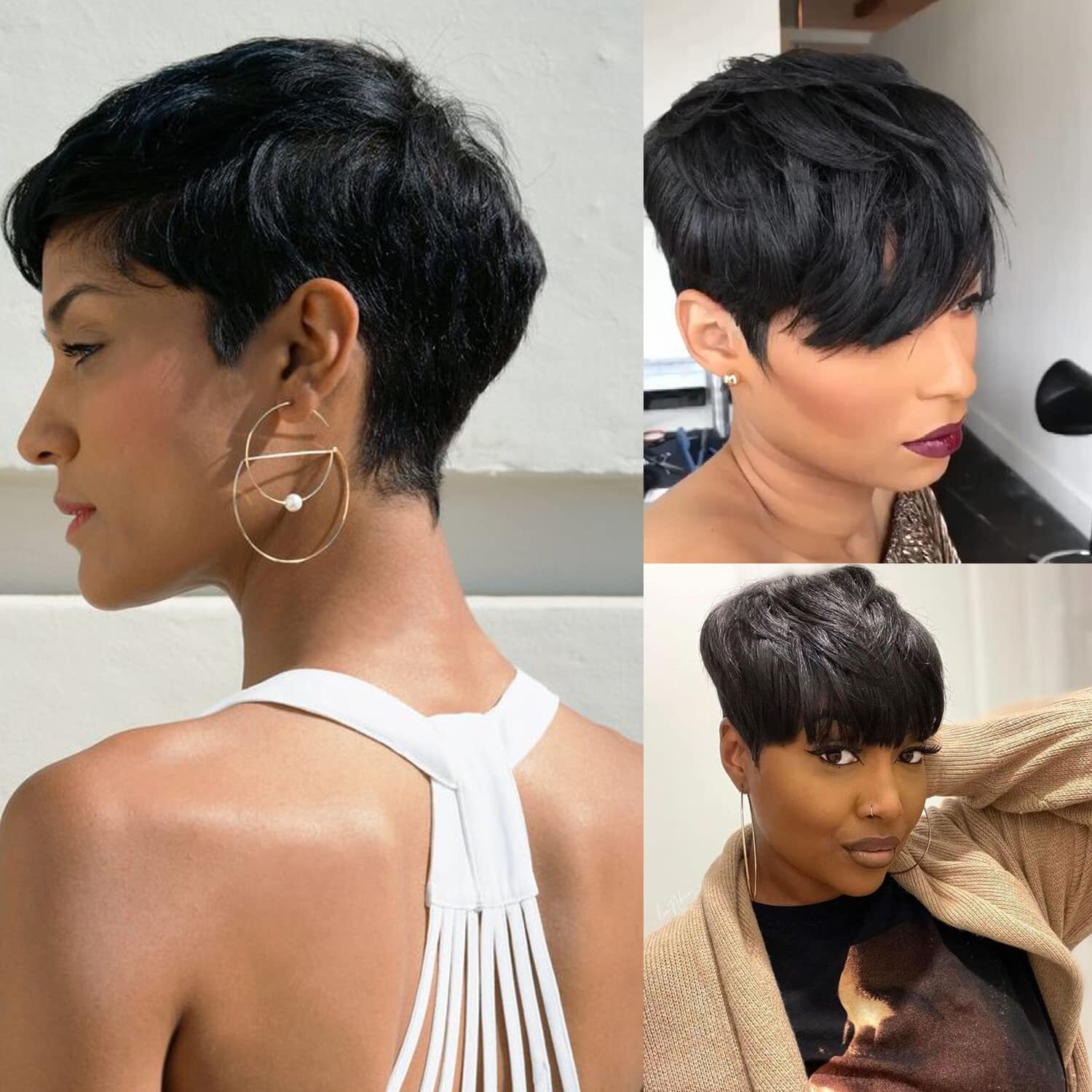 Short Black Wig Human Hair Everyday Wear Natural Hairstyle With Bangs USA