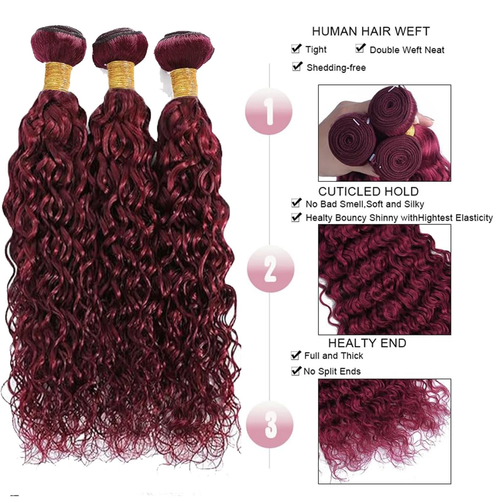 Fabimiya Human Hair Bundles Burgundy 99J Water Wave 10 12 14 Inch Bundles Human