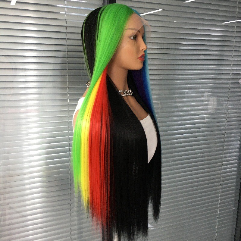 Women Long Straight Half Rainbow Wig Half Black Lace Front Wigs Heat Resistant