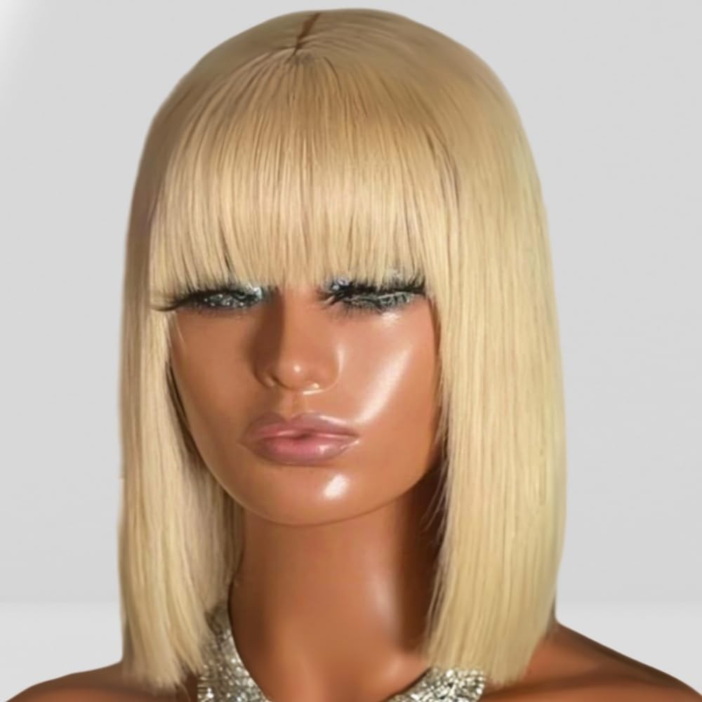 12″ Short Black Straight Wig with Bangs for Women,Made Of High Temperature Fiber