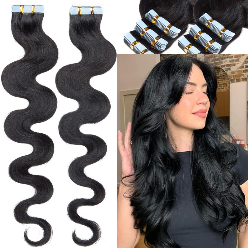 20/40/60pcs Thick Tape In Human Hair Extensions Skin Weft Body Wave Curly #Brown