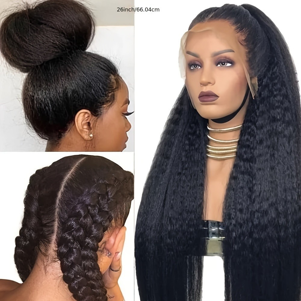 Kinky Straight Long Black Lace Front Wigs Women Daily Use Pre Plucked Hairline