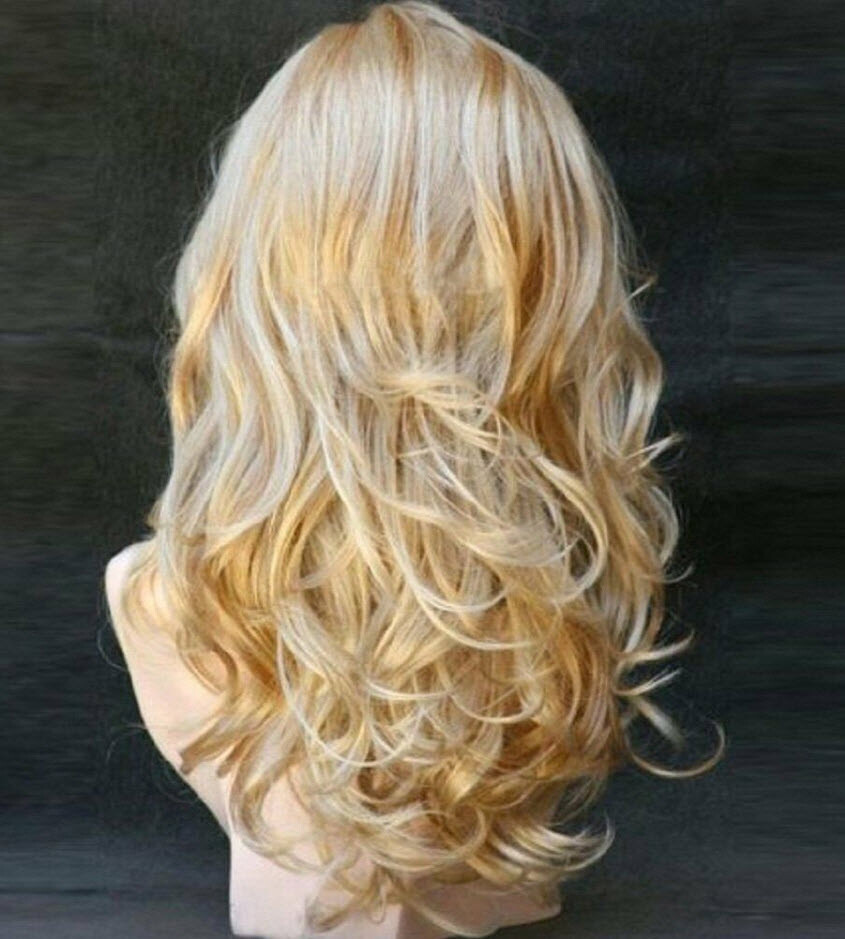 Womens Golden Blond Heat Resistant 23″ Long Curly Wavy Full Volume Hair Wig USA;