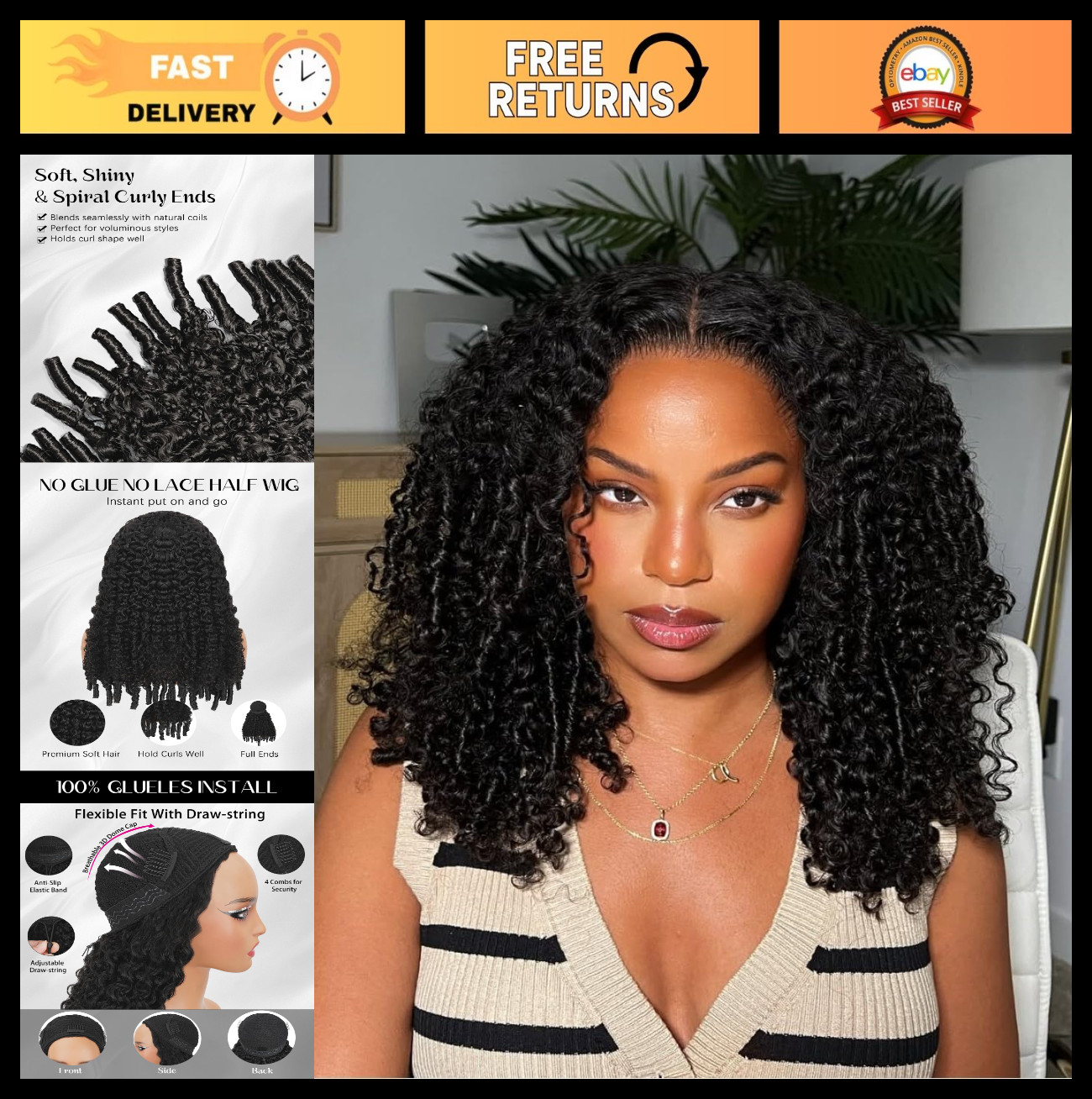Curly Half Wigs for Black Women – 26″ Glueless Drawstring Human Hair, 180% Densi