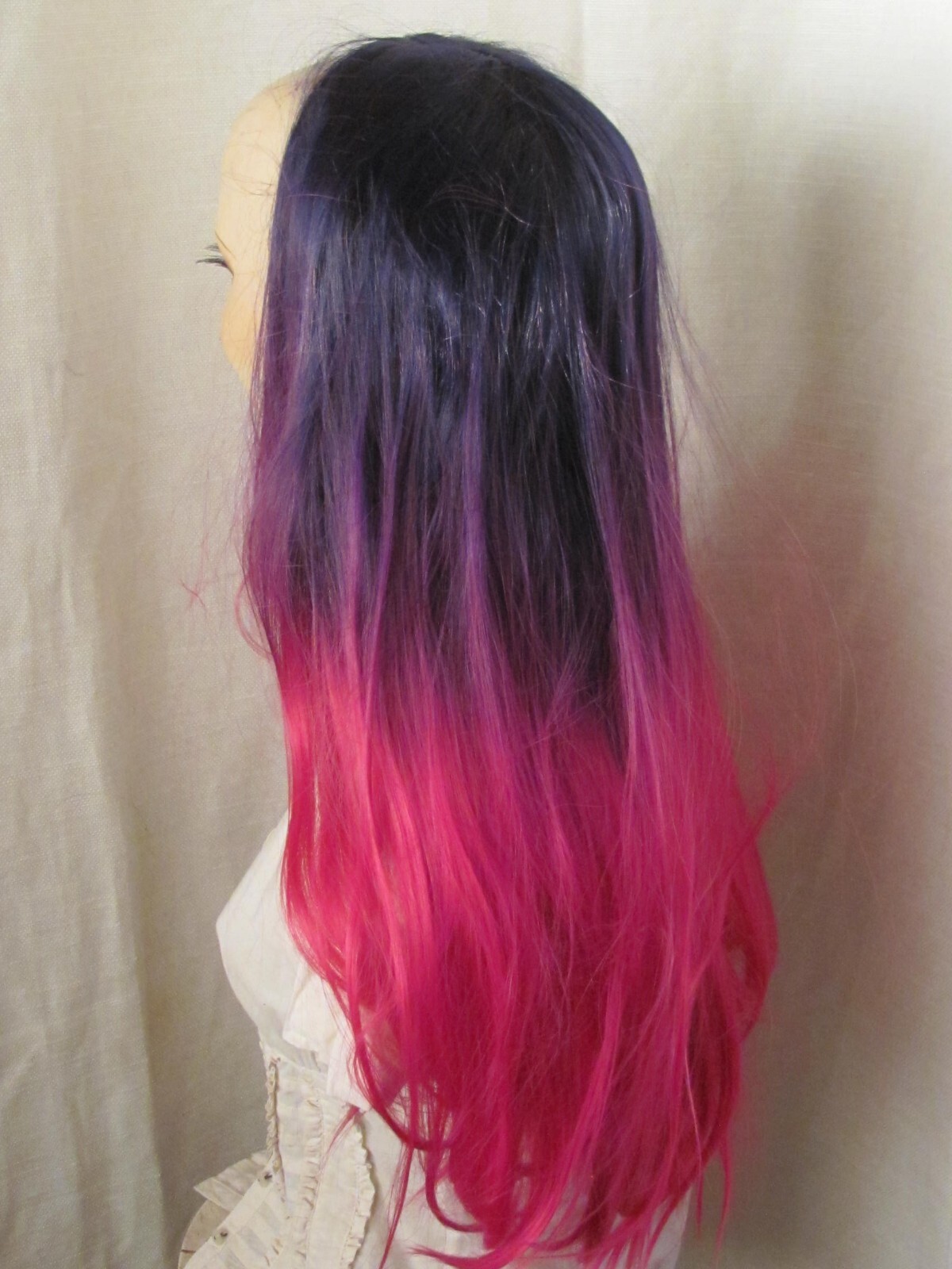AUSPICIOUS Ladies Long Dark Purple & Bright Pink Tones Wig Slight Wave E393