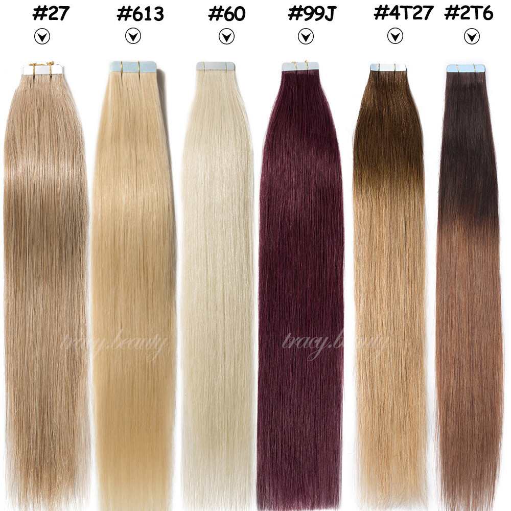 Virgin Remy Human Hair Extensions Tape IN 20/40/60pcs 50-150g Ombre Mix Brown US