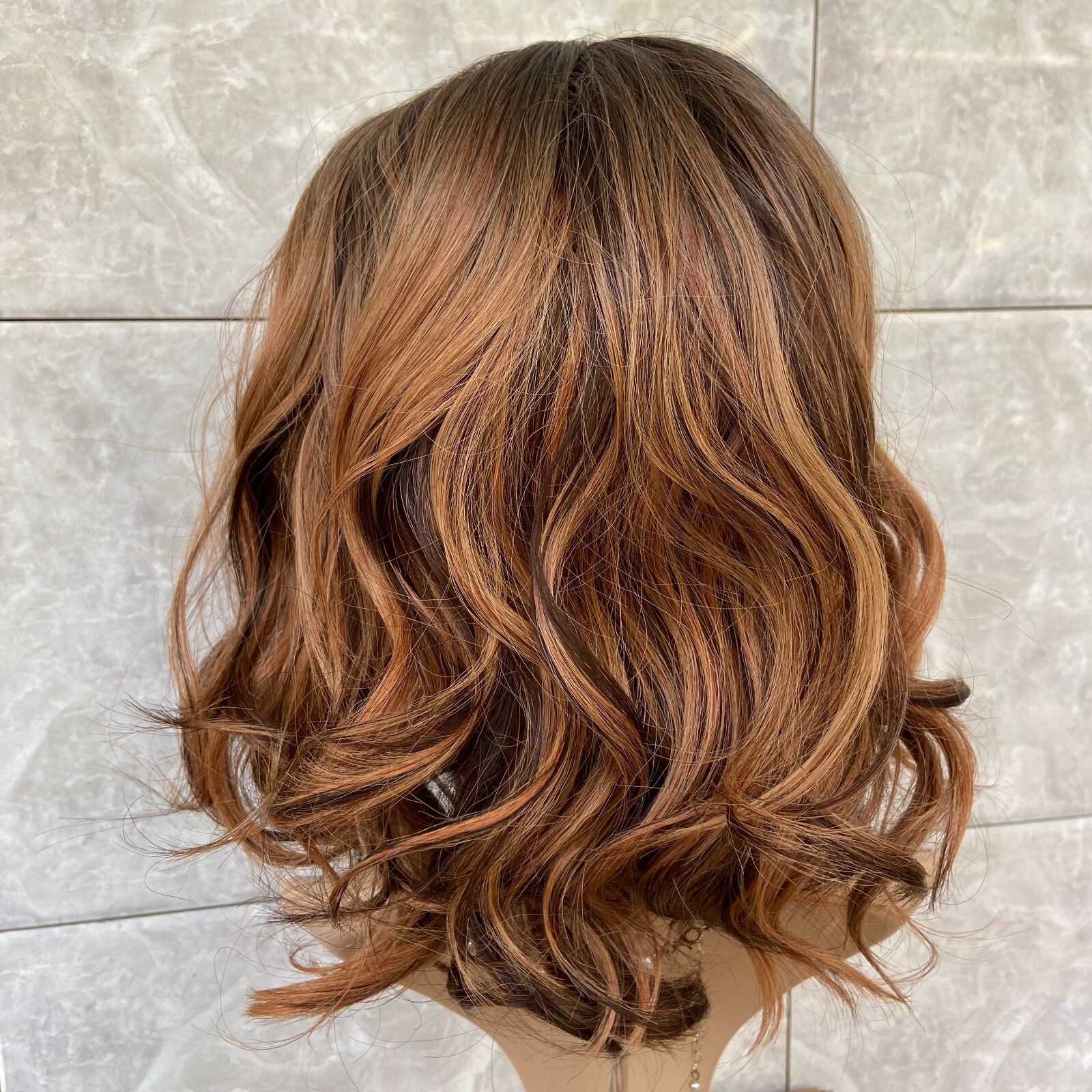 Medium Curly Wavy 100% Human Hair Blend Heat Ok Wigs Brown Mix Blonde Women Soft
