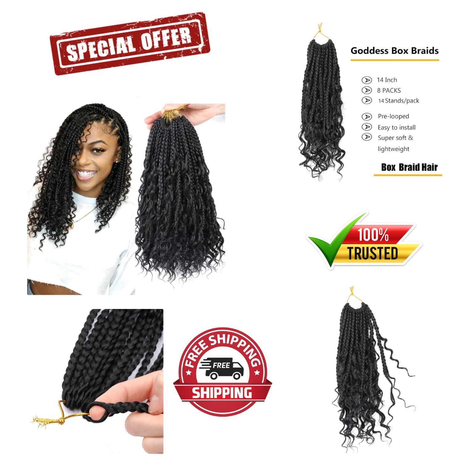 14 Inch Goddess Box Braids Crochet Hair – 8 Packs of Curly Beauty Extensions