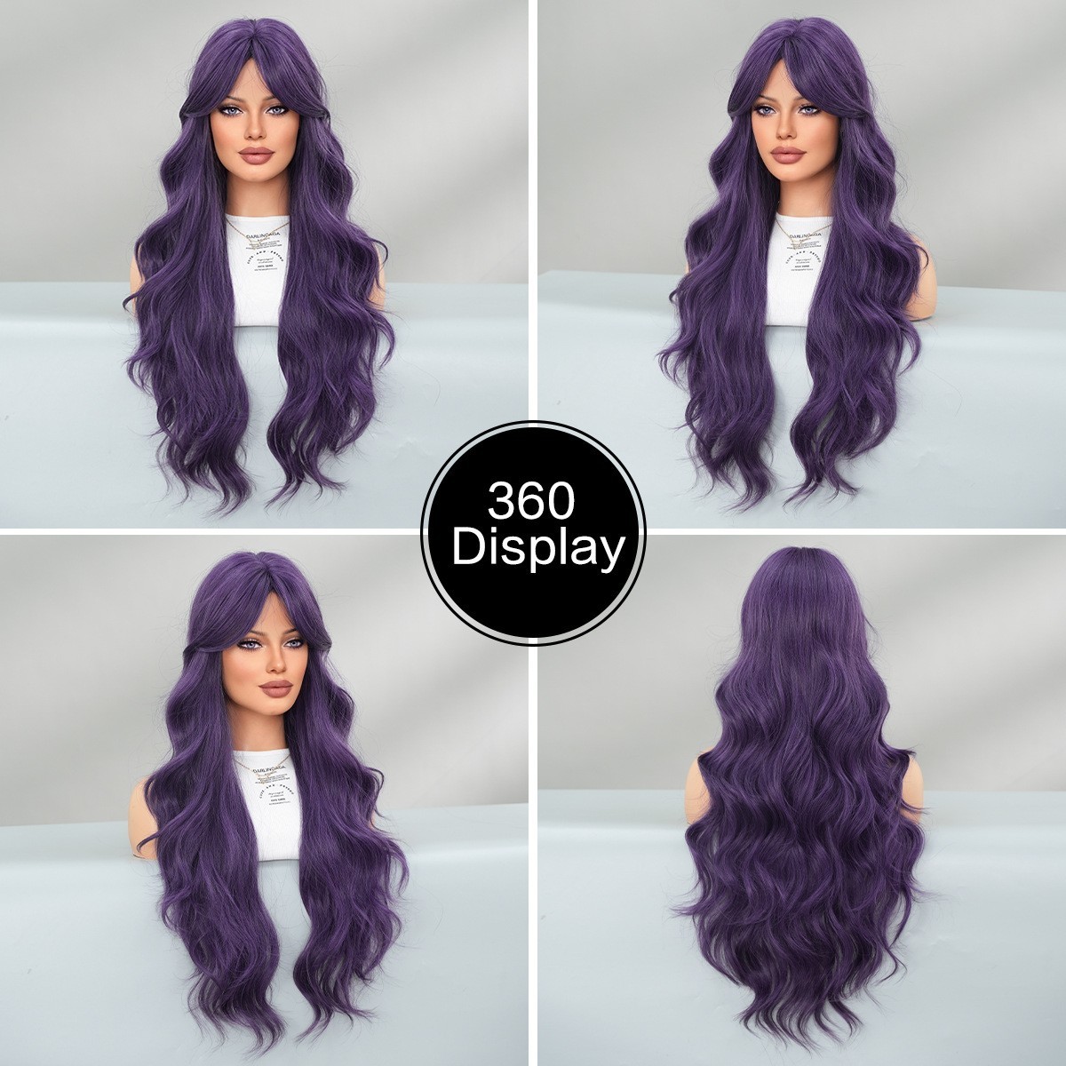 30in Long Curly Wavy Dark Purple Wig with Curtain Bangs for Women Party Cosplay